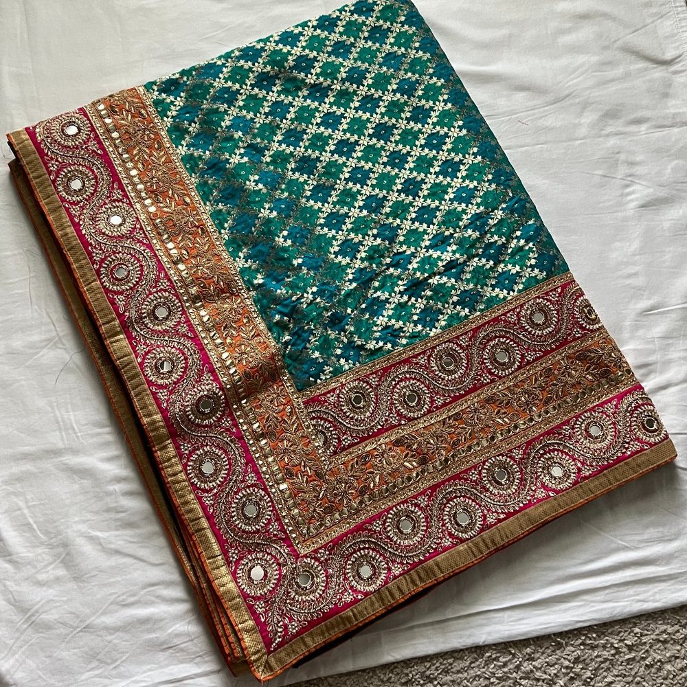 Brand new silk saree with handwork blue pink orange gold